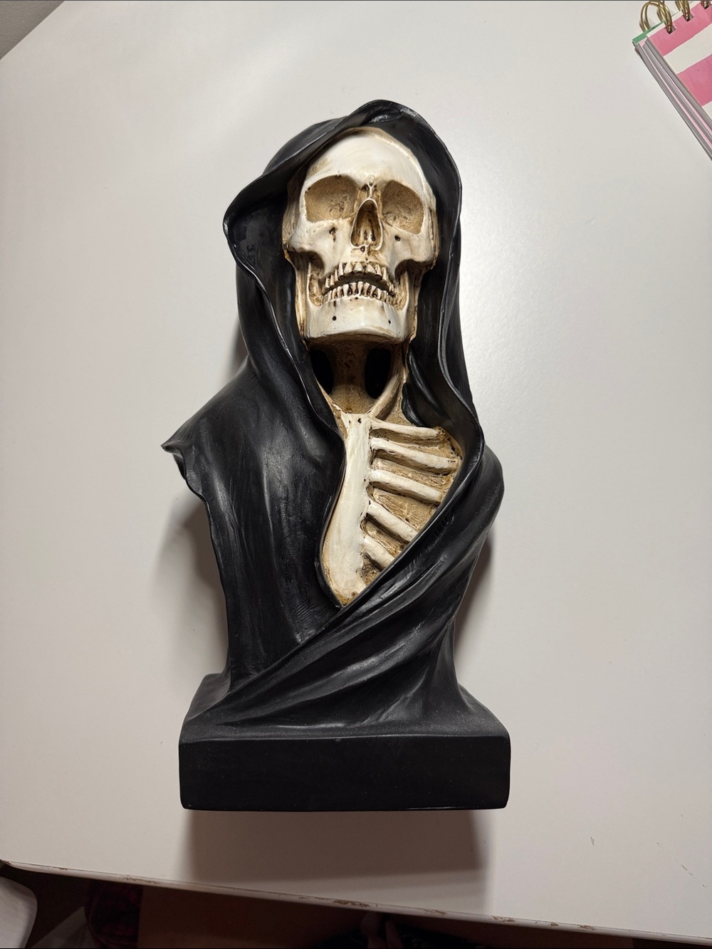 Black Hooded Skeleton Bust Home Art Sculpture - Black and Cream